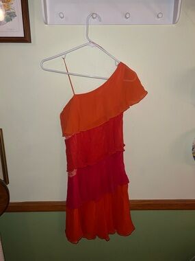 Women’s One-Shoulder Tiered Ruffle Dress in Orange and Pink